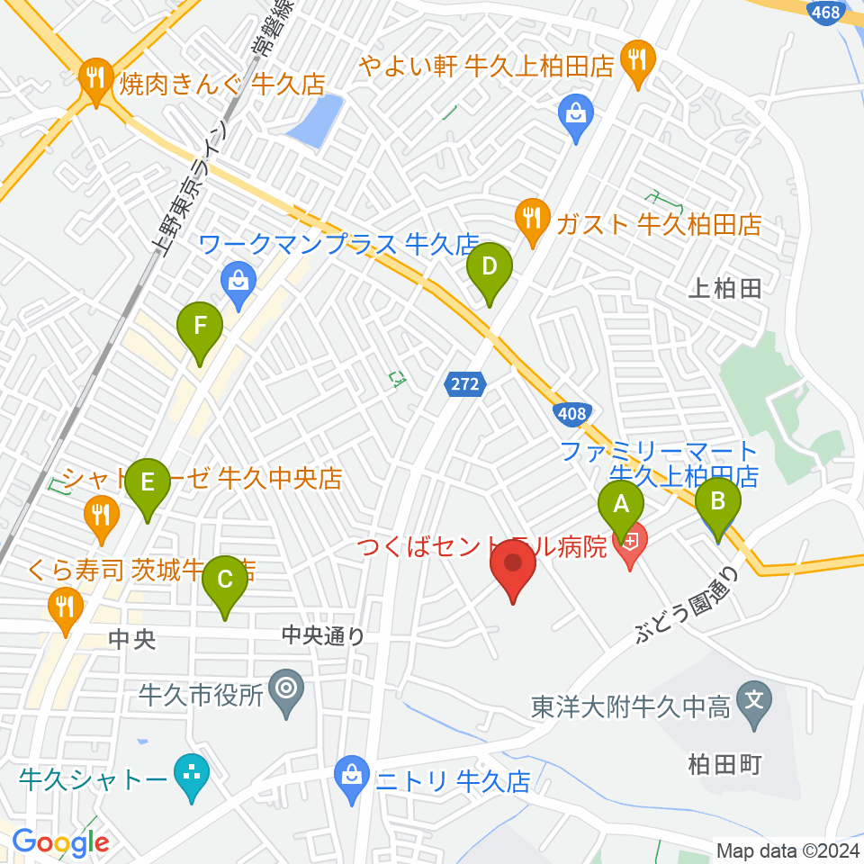 牛久市中央生涯学習センター周辺のコンビニエンスストア一覧地図