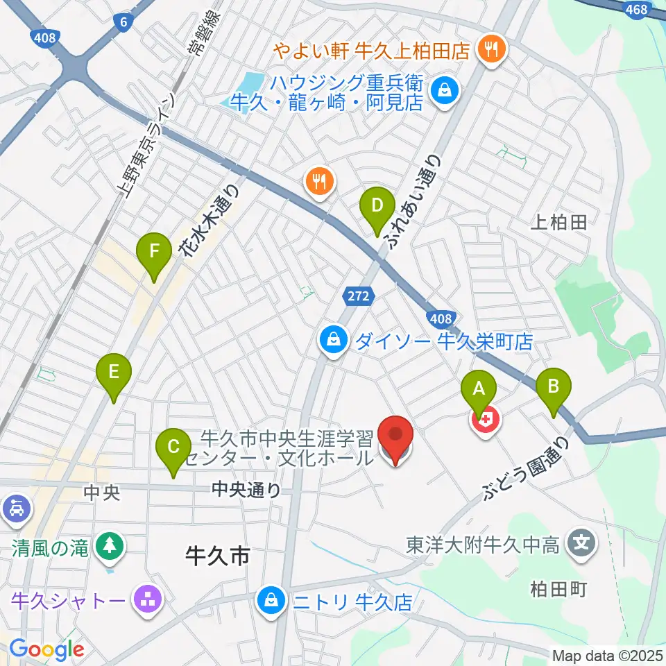 牛久市中央生涯学習センター周辺のコンビニエンスストア一覧地図