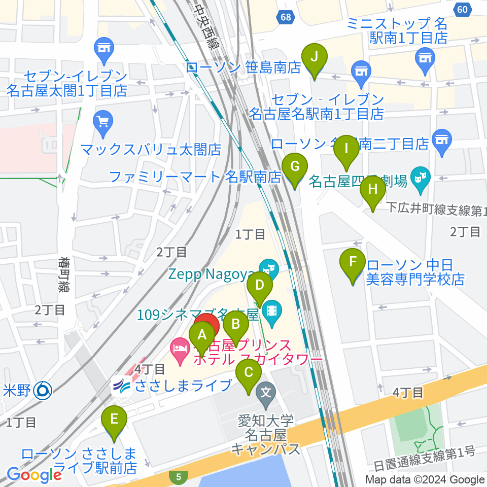 音楽天国 名古屋ささしまライブ店周辺のコンビニエンスストア一覧地図
