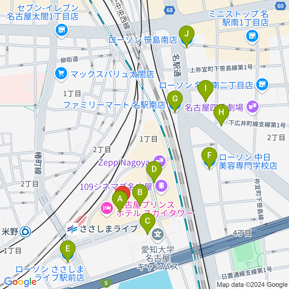 音楽天国 名古屋ささしまライブ店周辺のコンビニエンスストア一覧地図