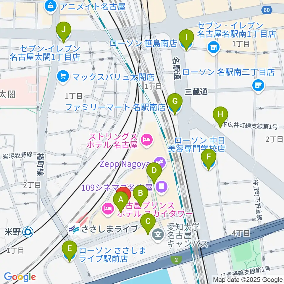 音楽天国 名古屋ささしまライブ店周辺のコンビニエンスストア一覧地図