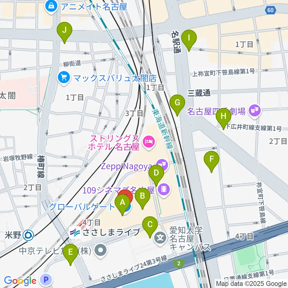 音楽天国 名古屋ささしまライブ店周辺のコンビニエンスストア一覧地図