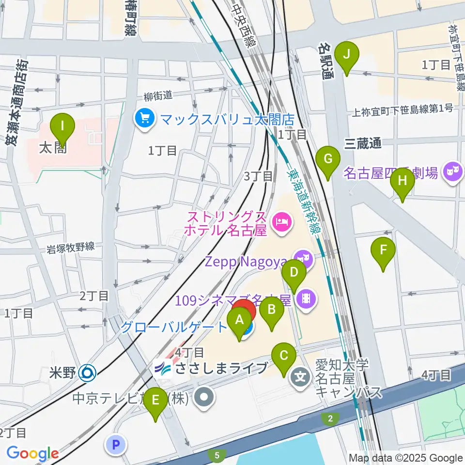 音楽天国 名古屋ささしまライブ店周辺のコンビニエンスストア一覧地図
