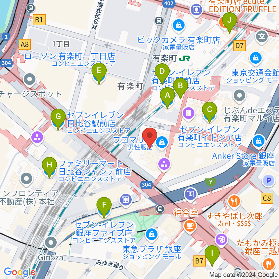 ヒューリックホール東京周辺のコンビニエンスストア一覧地図