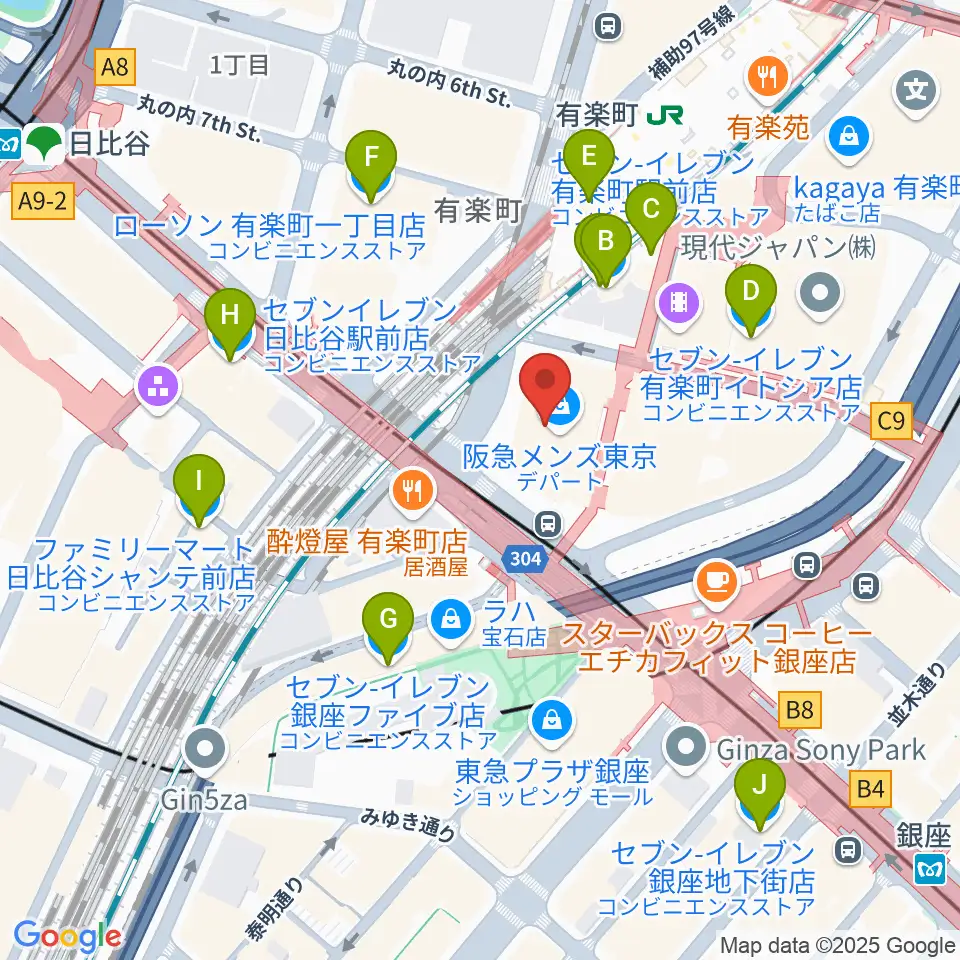 ヒューリックホール東京周辺のコンビニエンスストア一覧地図