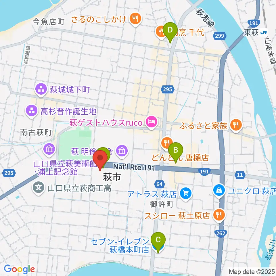 萩市民館周辺のコンビニエンスストア一覧地図