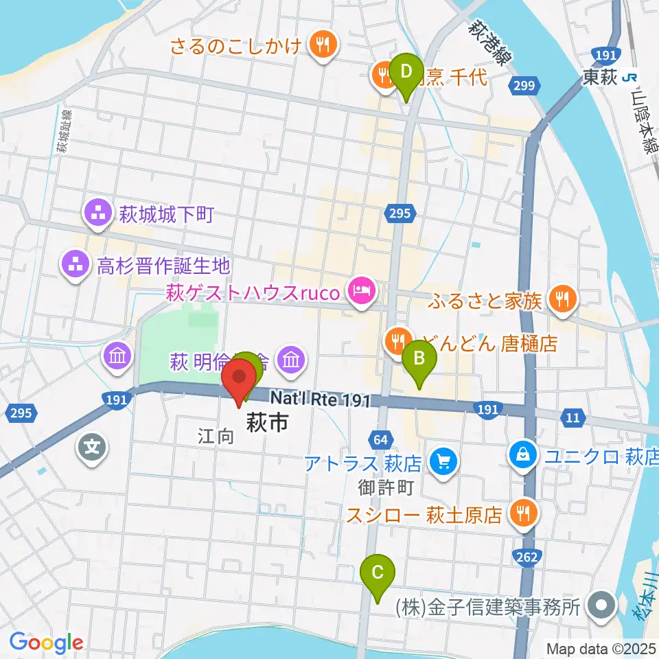 萩市民館周辺のコンビニエンスストア一覧地図