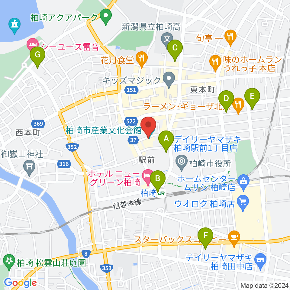 柏崎市産業文化会館周辺のコンビニエンスストア一覧地図