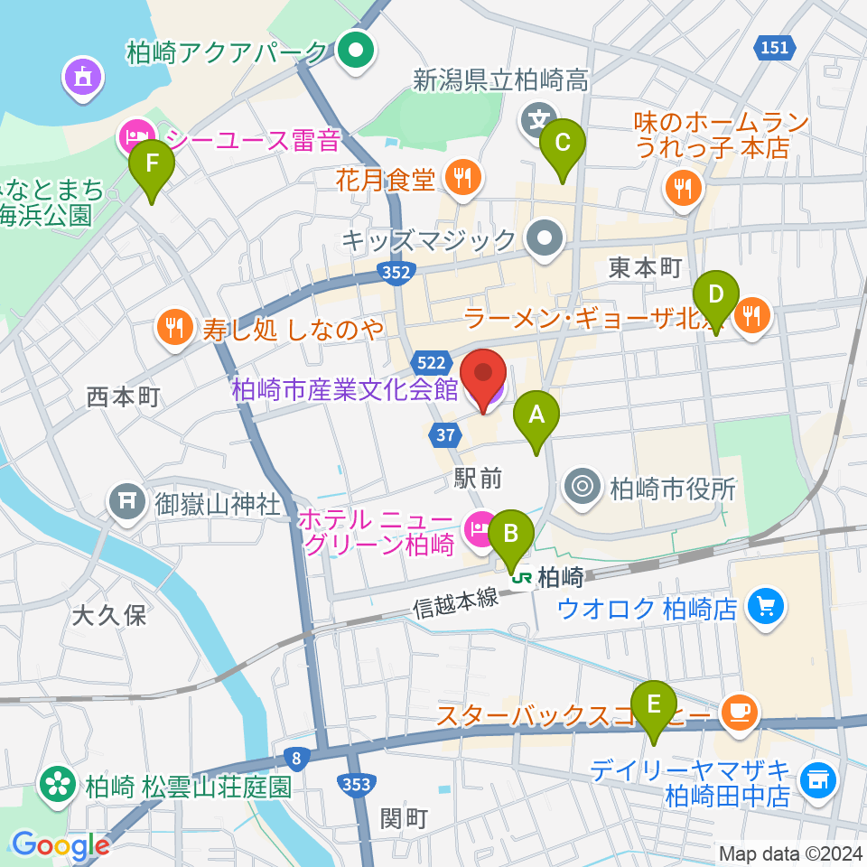 柏崎市産業文化会館周辺のコンビニエンスストア一覧地図