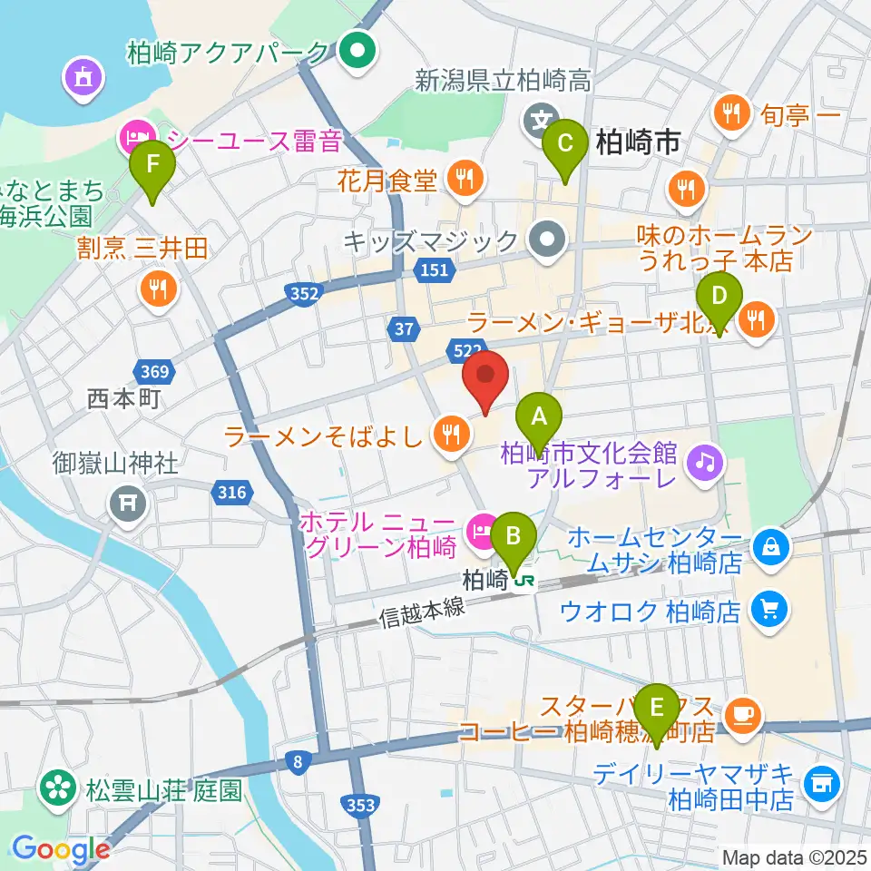 柏崎市産業文化会館周辺のコンビニエンスストア一覧地図