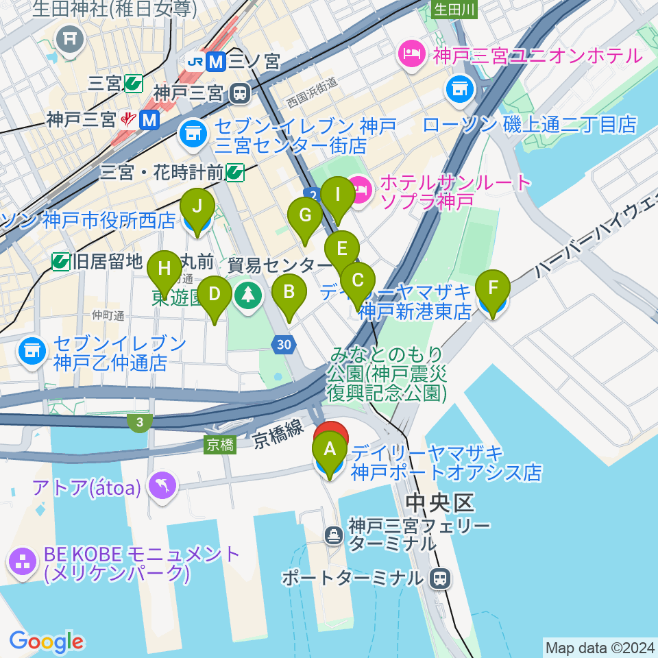 神戸ポートオアシス周辺のコンビニエンスストア一覧地図