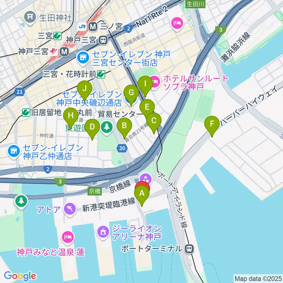 神戸ポートオアシス周辺のコンビニエンスストア一覧地図
