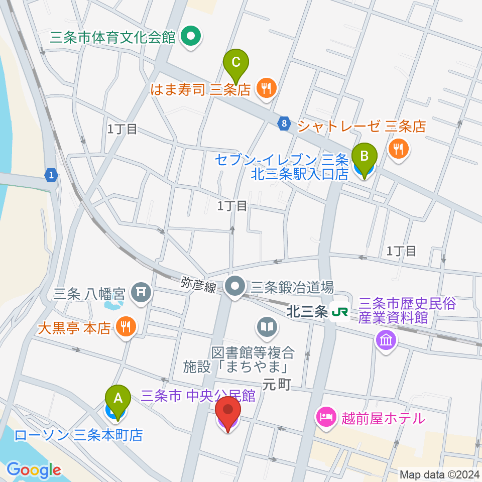 三条市中央公民館周辺のコンビニエンスストア一覧地図