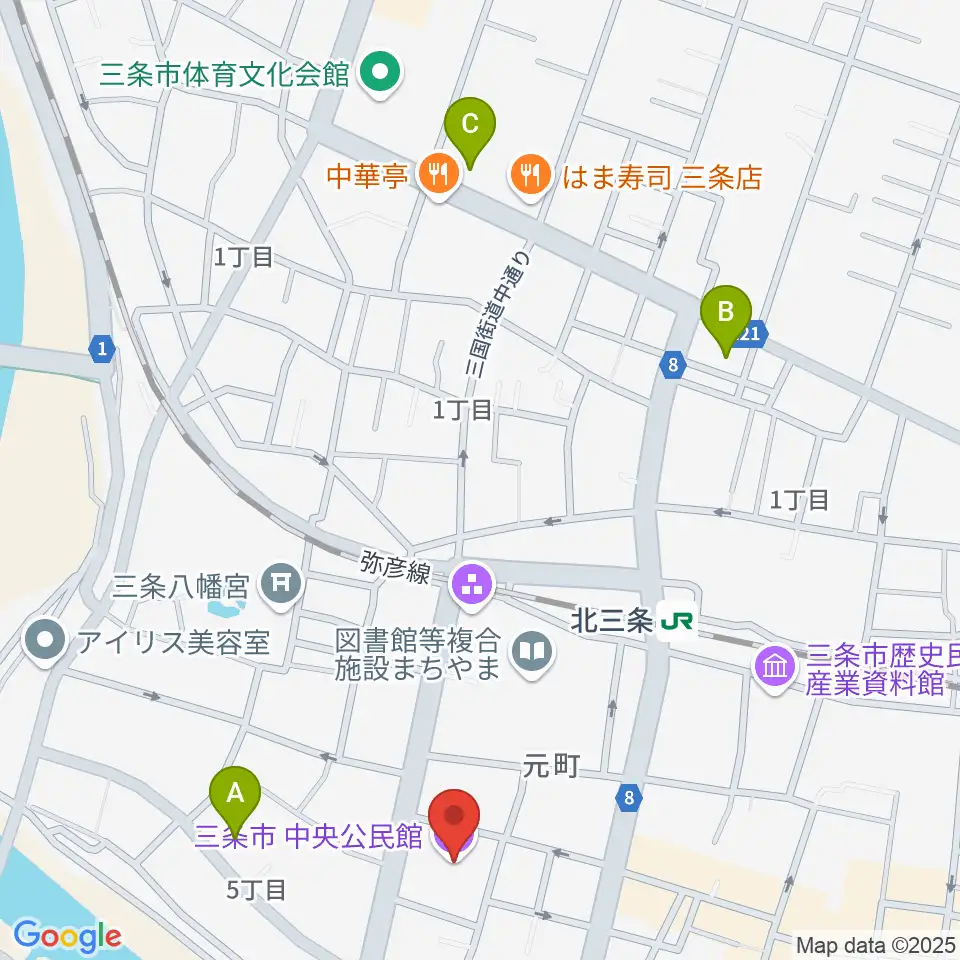 三条市中央公民館周辺のコンビニエンスストア一覧地図