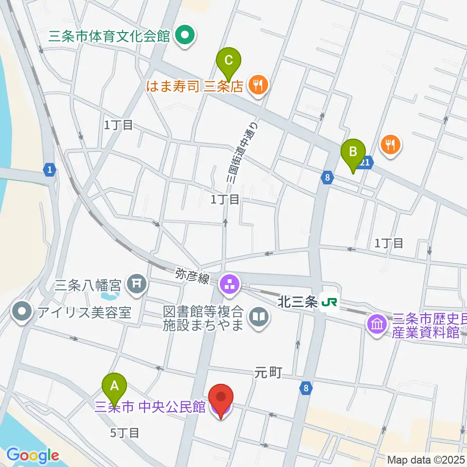 三条市中央公民館周辺のコンビニエンスストア一覧地図