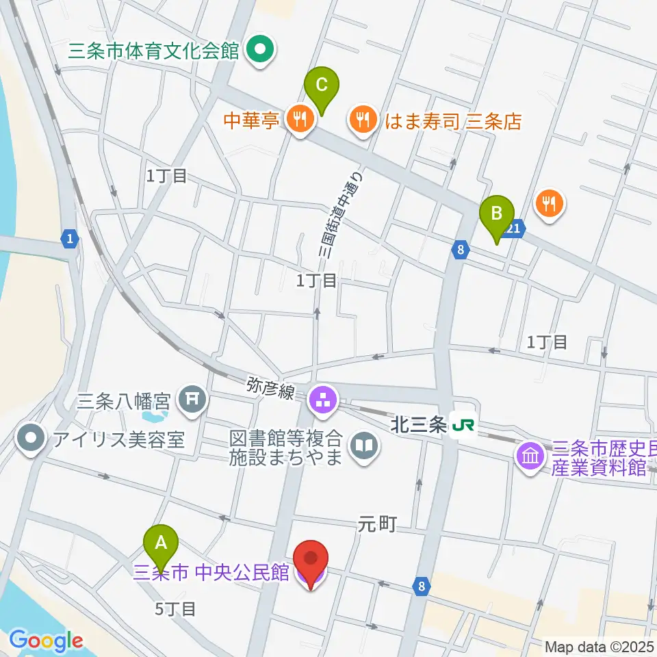 三条市中央公民館周辺のコンビニエンスストア一覧地図