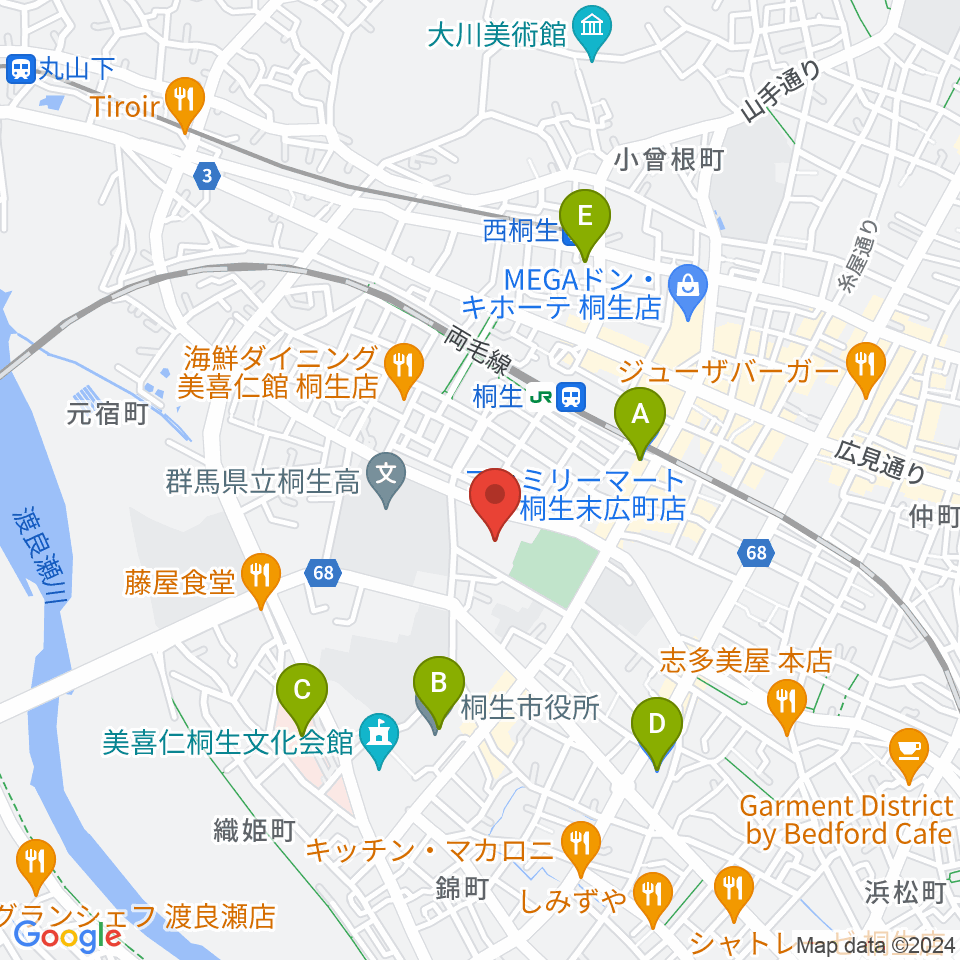 桐生市立中央公民館周辺のコンビニエンスストア一覧地図