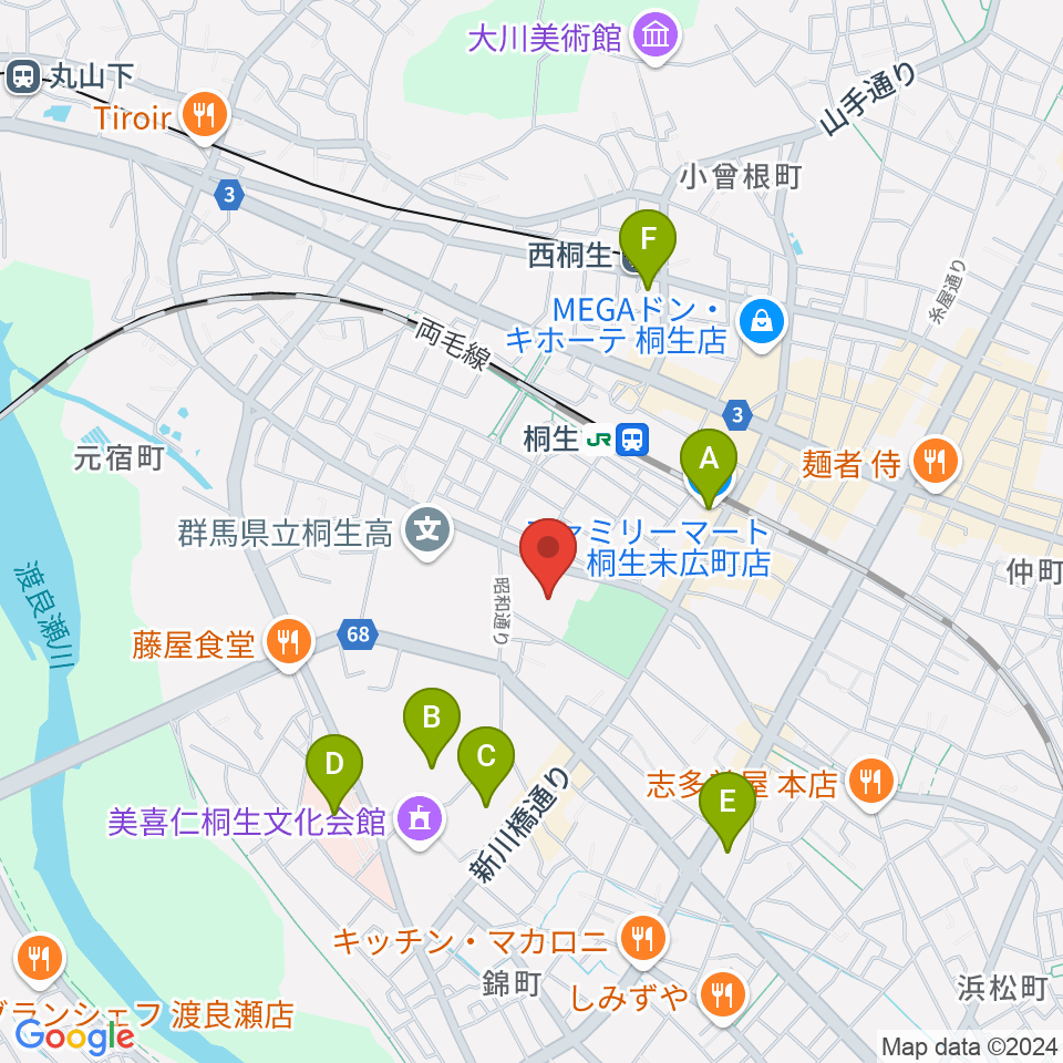 桐生市立中央公民館周辺のコンビニエンスストア一覧地図