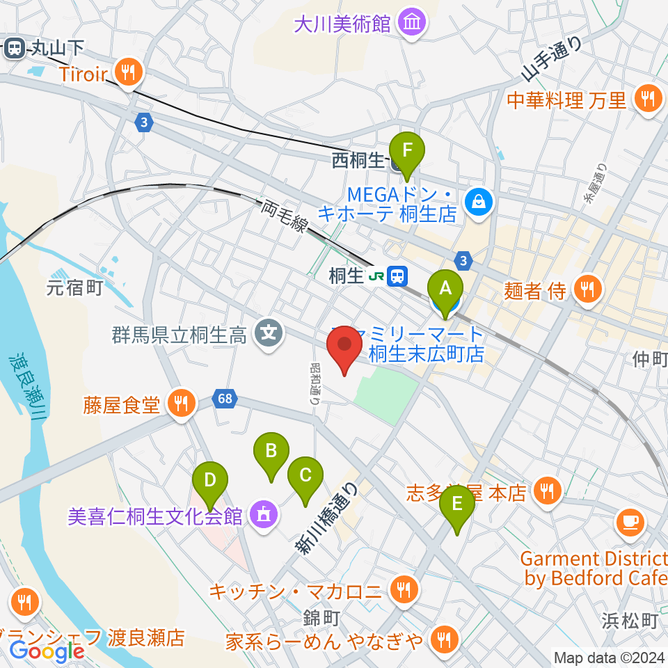 桐生市立中央公民館周辺のコンビニエンスストア一覧地図