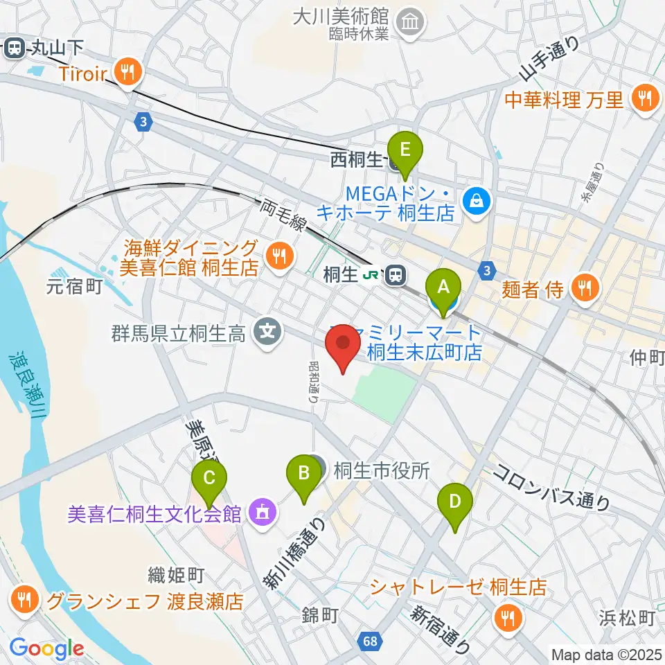 桐生市立中央公民館周辺のコンビニエンスストア一覧地図