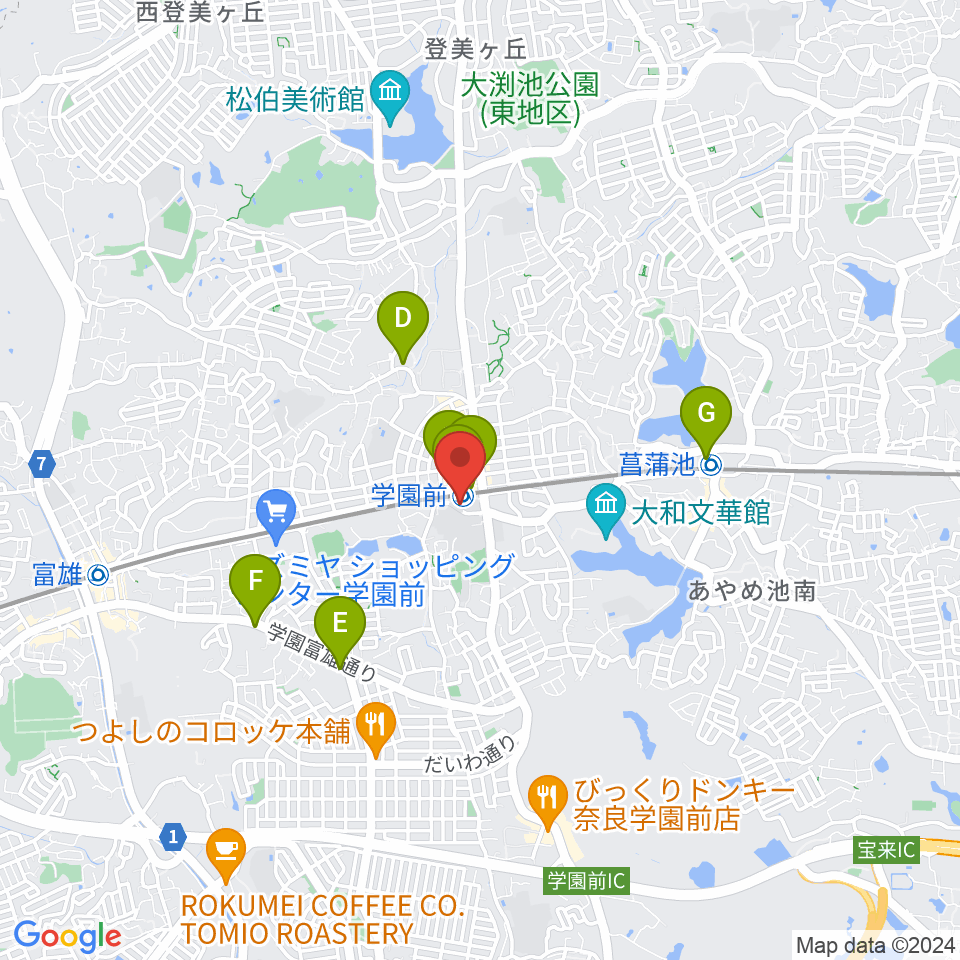 学園前ホール周辺のコンビニエンスストア一覧地図