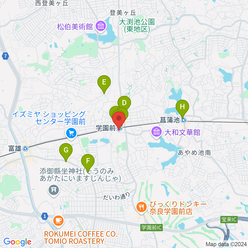 学園前ホール周辺のコンビニエンスストア一覧地図