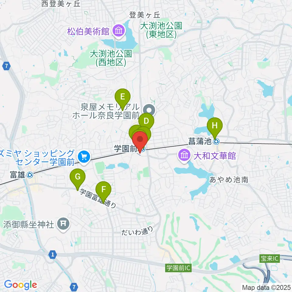 学園前ホール周辺のコンビニエンスストア一覧地図