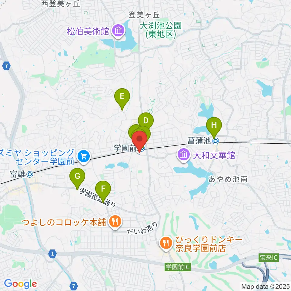 学園前ホール周辺のコンビニエンスストア一覧地図