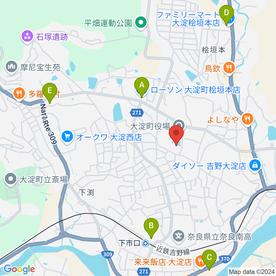 大淀町文化会館周辺のコンビニエンスストア一覧地図