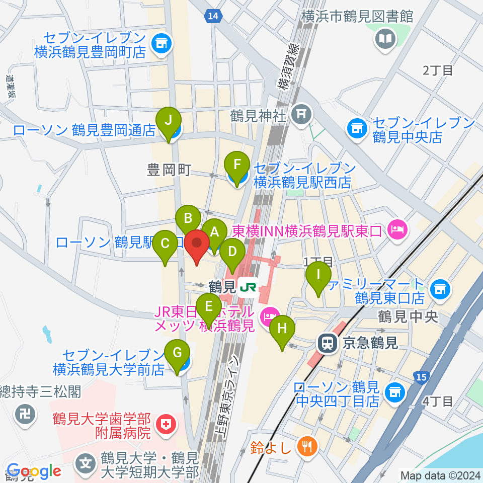 横浜市鶴見公会堂周辺のコンビニエンスストア一覧地図