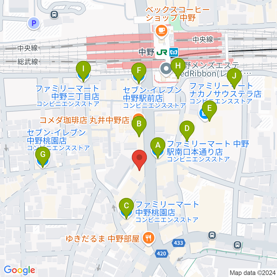 ミュージックセンター中野周辺のコンビニエンスストア一覧地図