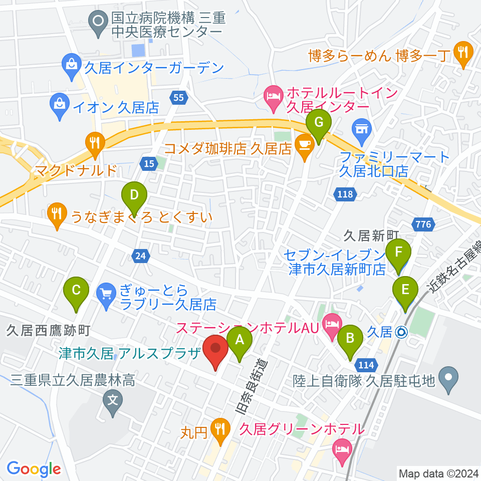 津市久居アルスプラザ周辺のコンビニエンスストア一覧地図