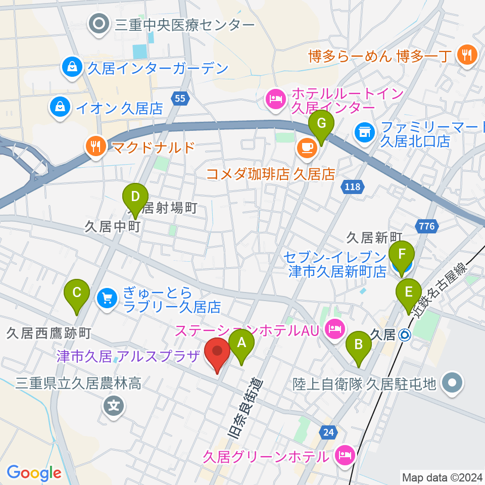 津市久居アルスプラザ周辺のコンビニエンスストア一覧地図