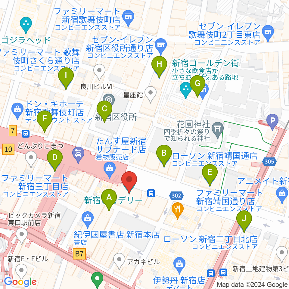 新宿ピカデリー周辺のコンビニエンスストア一覧地図