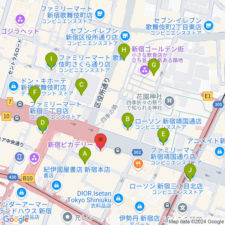 新宿ピカデリー周辺のコンビニエンスストア一覧地図