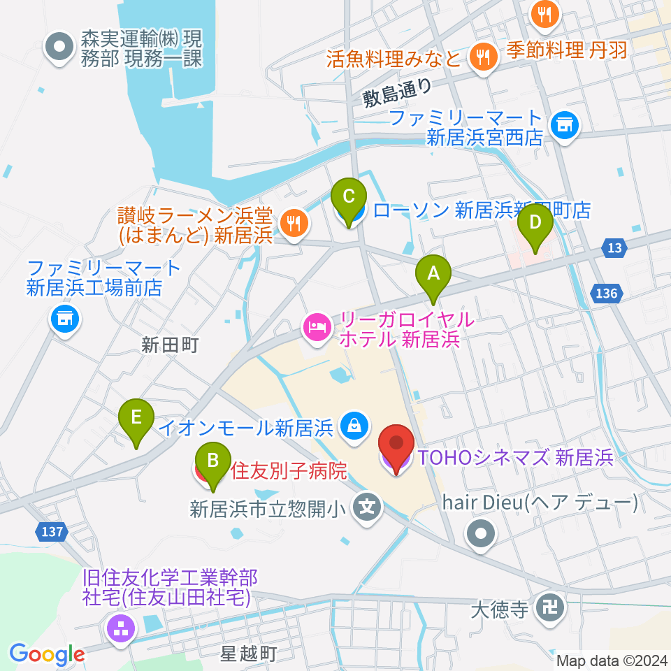 TOHOシネマズ新居浜周辺のコンビニエンスストア一覧地図