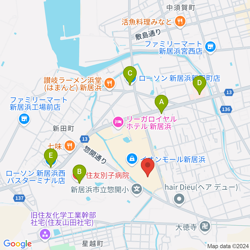 TOHOシネマズ新居浜周辺のコンビニエンスストア一覧地図