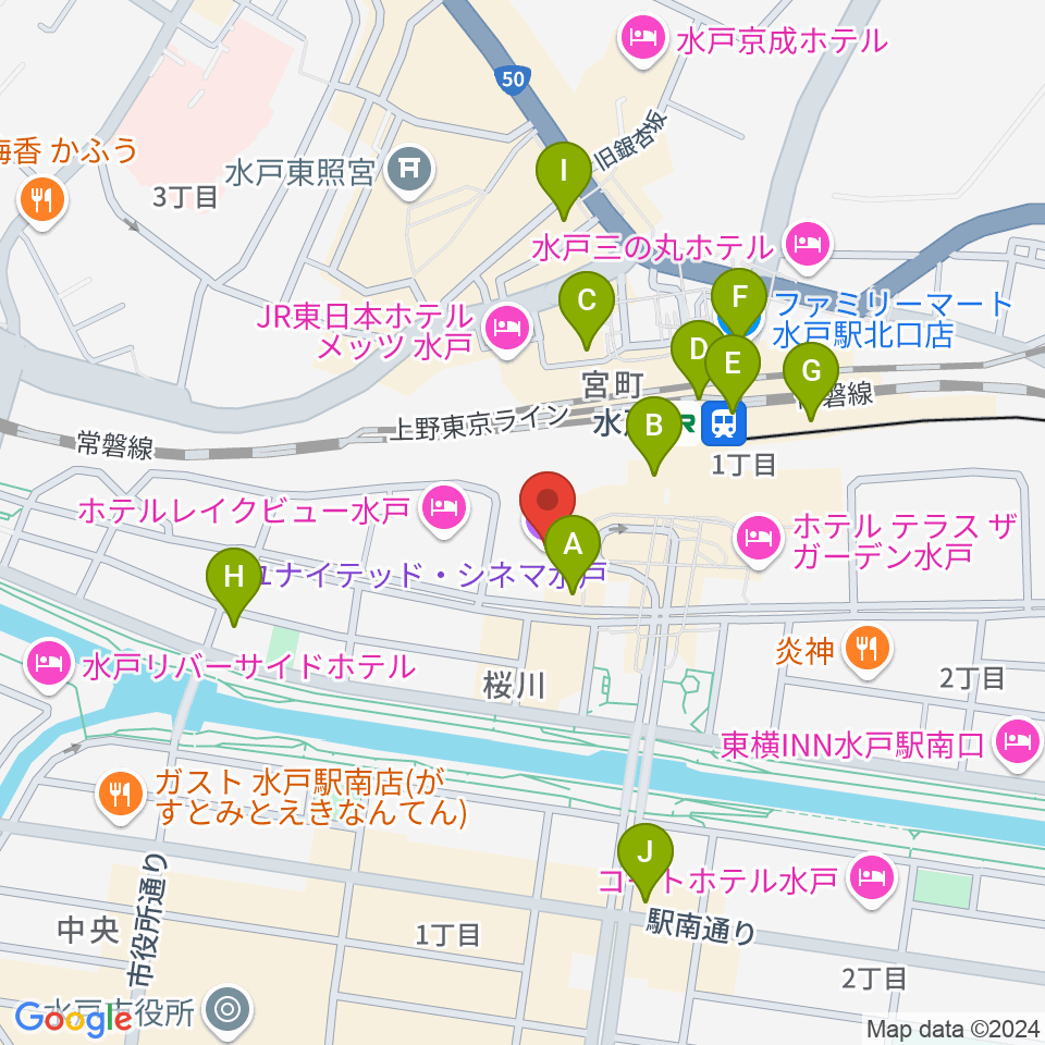 ユナイテッド・シネマ水戸周辺のコンビニエンスストア一覧地図