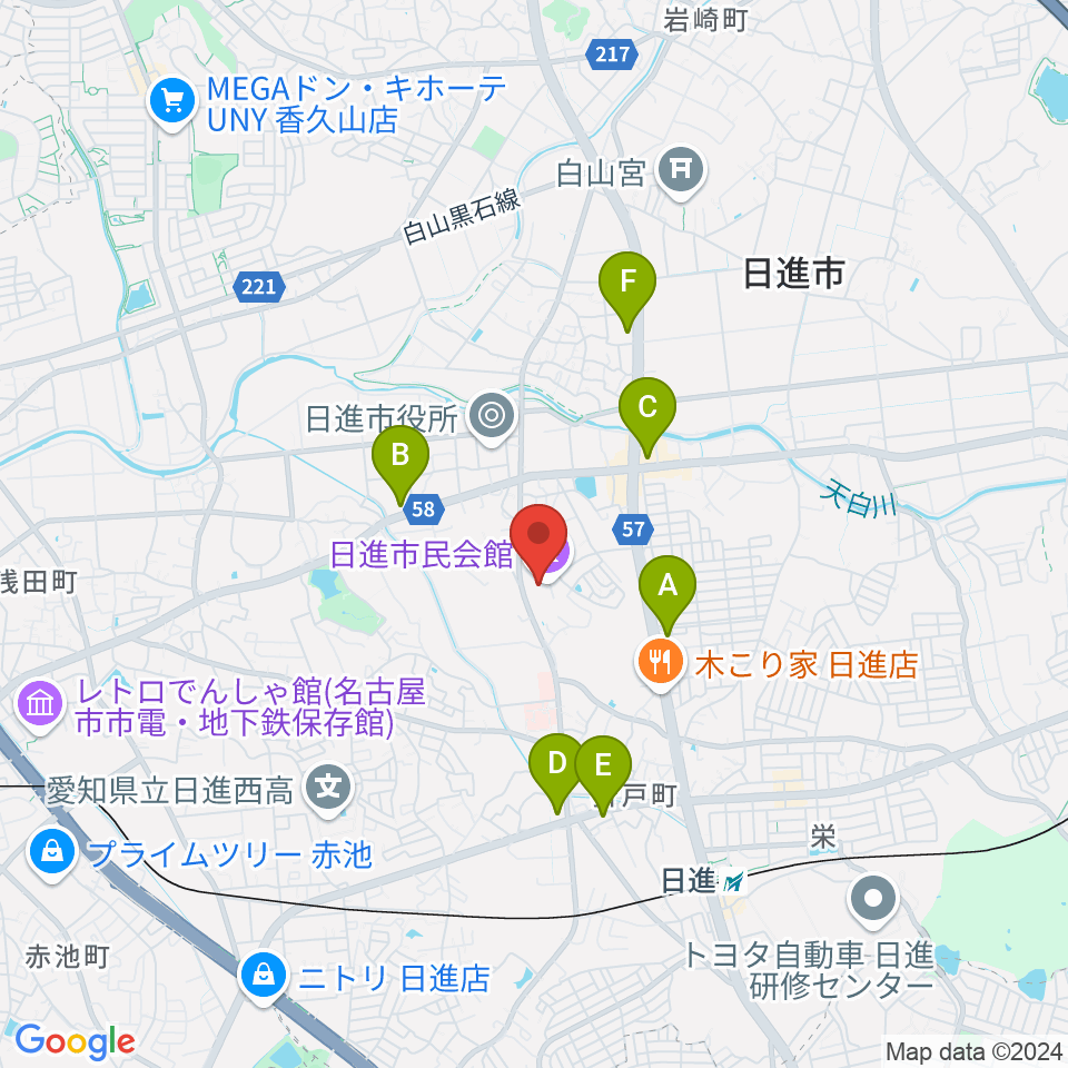 日進市民会館周辺のコンビニエンスストア一覧地図