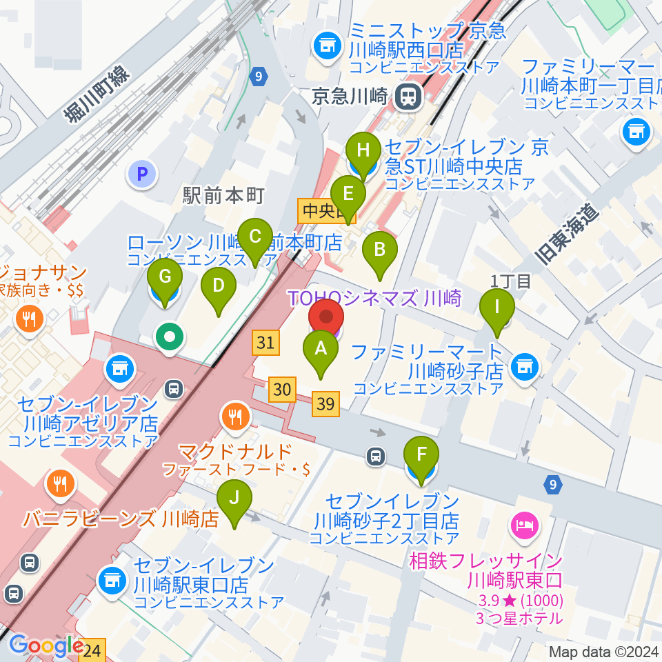 TOHOシネマズ川崎周辺のコンビニエンスストア一覧地図