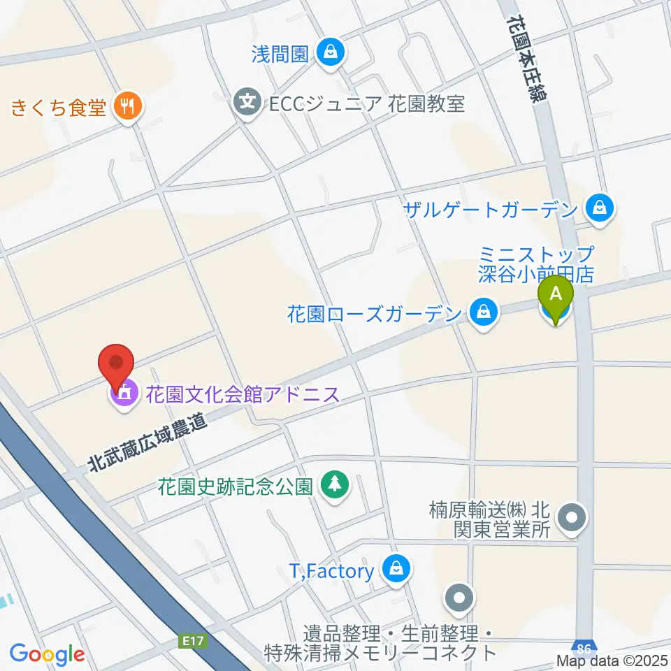 深谷市花園文化会館アドニス周辺のコンビニエンスストア一覧地図