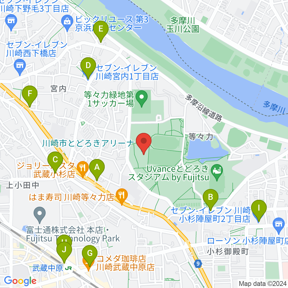 川崎市とどろきアリーナ周辺のコンビニエンスストア一覧地図