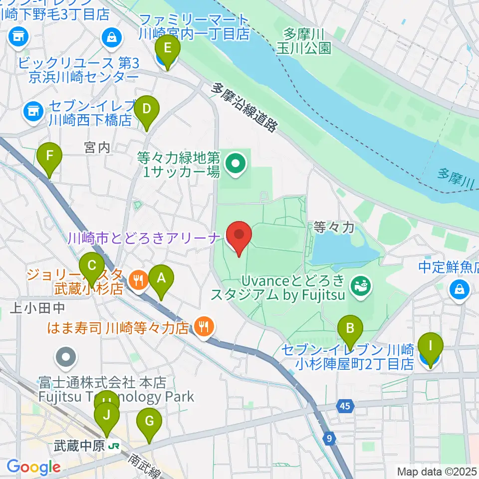 川崎市とどろきアリーナ周辺のコンビニエンスストア一覧地図