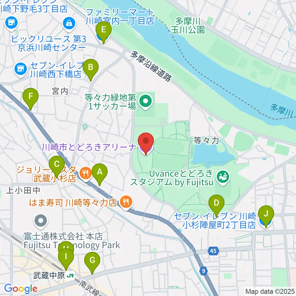 東急ドレッセとどろきアリーナ周辺のコンビニエンスストア一覧地図