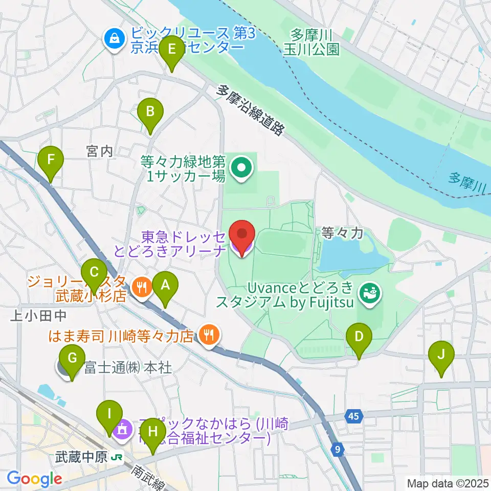 東急ドレッセとどろきアリーナ周辺のコンビニエンスストア一覧地図