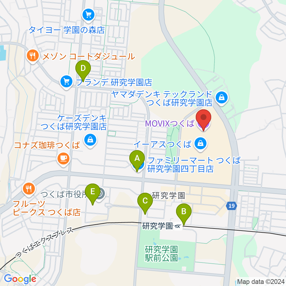 MOVIXつくば周辺のコンビニエンスストア一覧地図