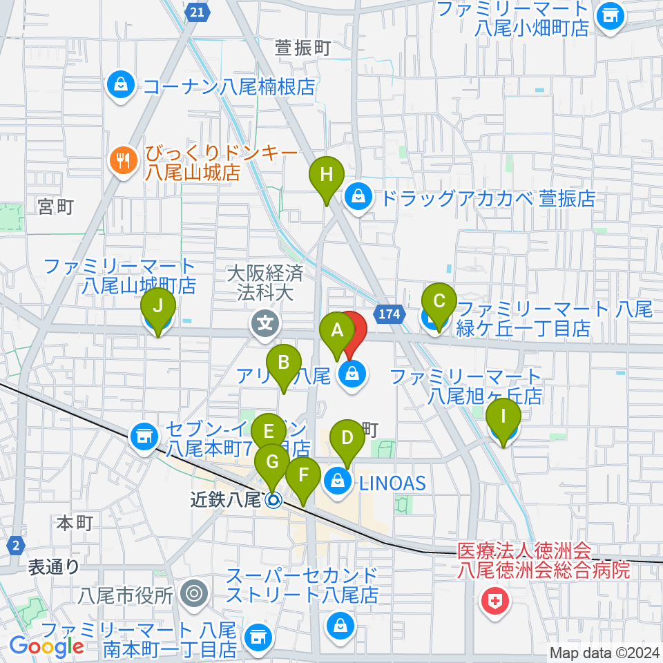 MOVIX八尾周辺のコンビニエンスストア一覧地図