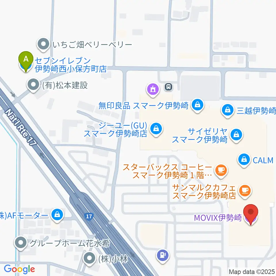 MOVIX伊勢崎周辺のコンビニエンスストア一覧地図
