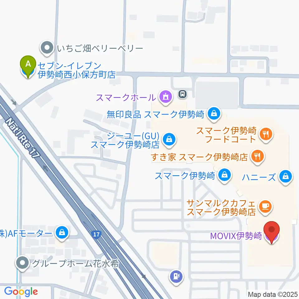 MOVIX伊勢崎周辺のコンビニエンスストア一覧地図