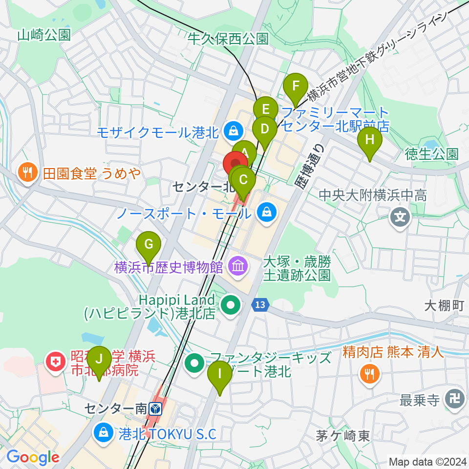 昭和音楽大学附属音楽教室 センター北校周辺のコンビニエンスストア一覧地図